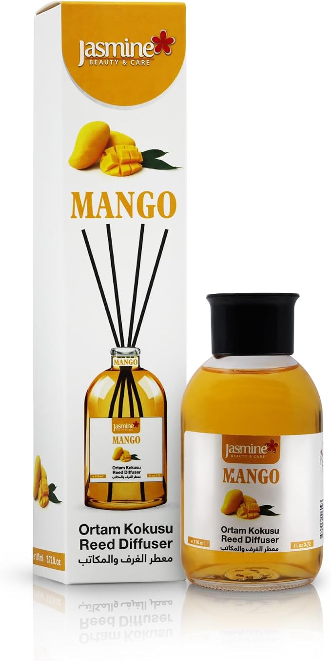 Jasmine Turkish Reed Diffuser Set (Mango) 3.72 Fl. Oz (110ml), with 4 Reed Sticks. For Your Office, Bedroom, Bathroom, Kitchen. Elegant Fragrance for Your Entire Home. A Nice Gift for Your Loved Ones.