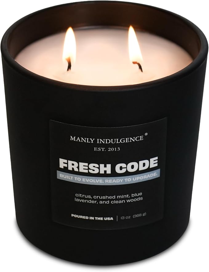 Manly Indulgence Fresh Code Scented Candle, 2 Wick, 13 oz, Premium Soy Blend Wax, Candles for Home Scented - Made in The USA