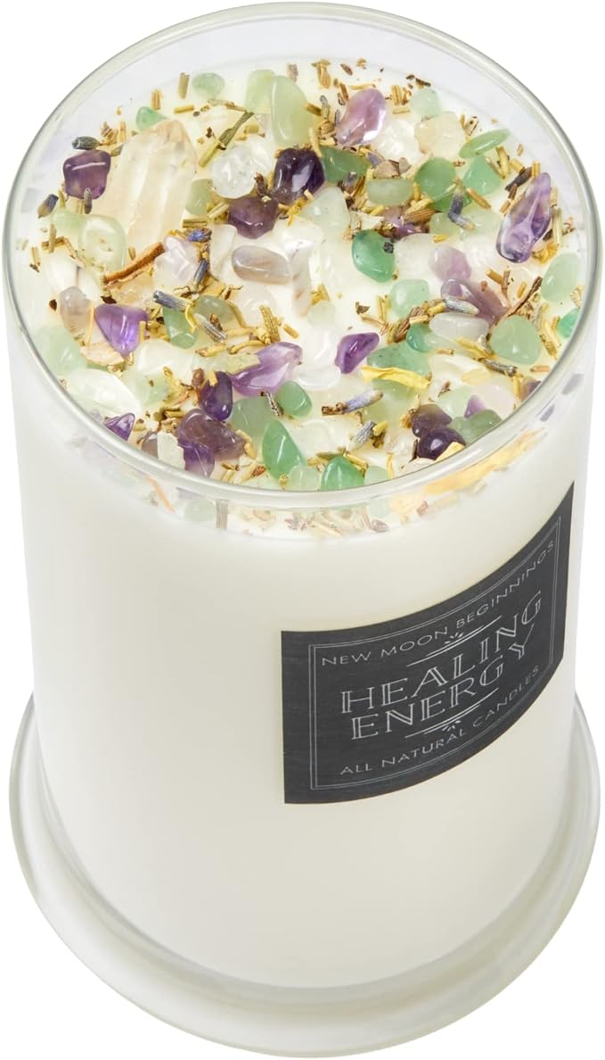 New Moon Beginnings Healing Candle - Negative Energy Cleansing - Soy Aromatherapy - Handmade with Crystals & Herbs - 21oz Glass Jar