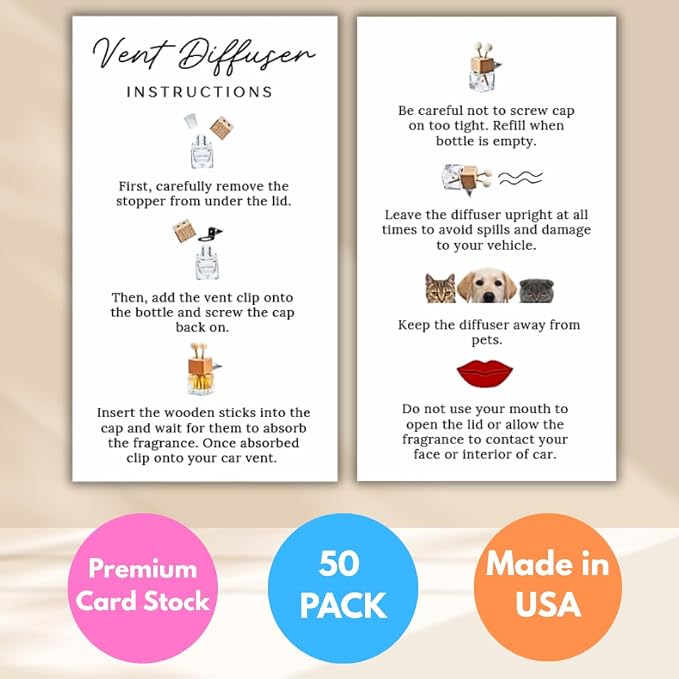 Car Vent Wood Diffuser Care Card | 50 Pack | 2x3.5 inch | Vent Clip Reed Oil Diffuser Bottles | Vent Diffuser Instructions LEES A.M.
