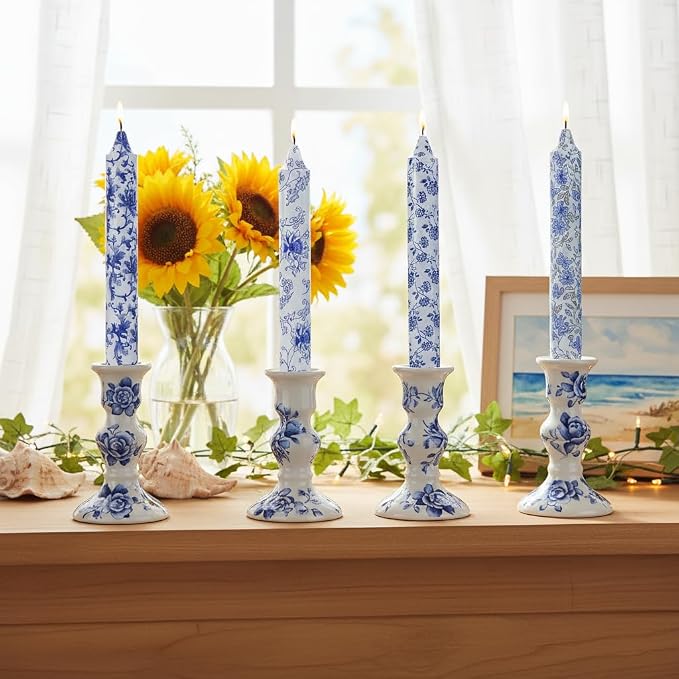 Flowers Printed Candle Taper Candles 9 inch - 4 Pack Blue and White Porcelain Candle Dripless, Smokeless, Unscented Tall Candlesticks - Perfect for Home Decor, Weddings, and Special Occasions