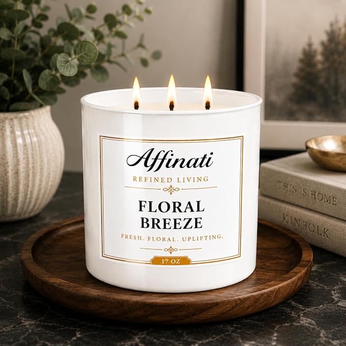 Affinati Floral Breeze 3 Wick Scented Candle – Large Soy Blend Candle, Strong Scent Throw Fresh Bright Botanical Aromatherapy Candles, Premium Elegant Gift for Women