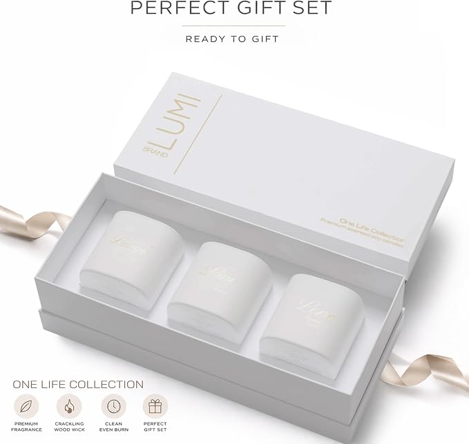Set of 3 Premium Scented Soy Candles Gift Set | One Life Collection - Orange Blossom, White Tea & White Bloom | Crackling Wood Wick | Luxury Candle Set for Relaxation, Home Décor & Gifts | 9.8oz Each