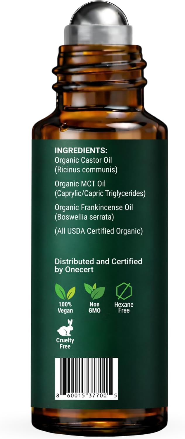 Organic Frankincense and Castor Oil Roll On – Eye Roller - 100% Pure and Natural Oil for Face, Dark Circles, Under Eye, Eyelashes, Eyebrows, Hair, Body & Skin Care Moisturizer – Hexane Free – 10 ml