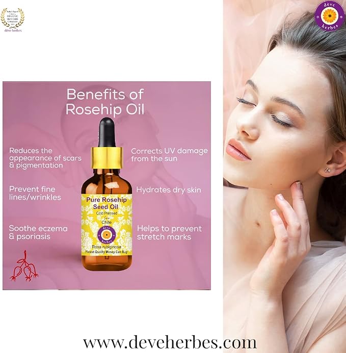 Deve Herbes Pure Rosehip Seed Oil (Rosa rubiginosa) | Cold Pressed | Natural | Undiluted | For Diluting Essential Oils | For Hair, Skin & Massage | Men & Women | 15ml