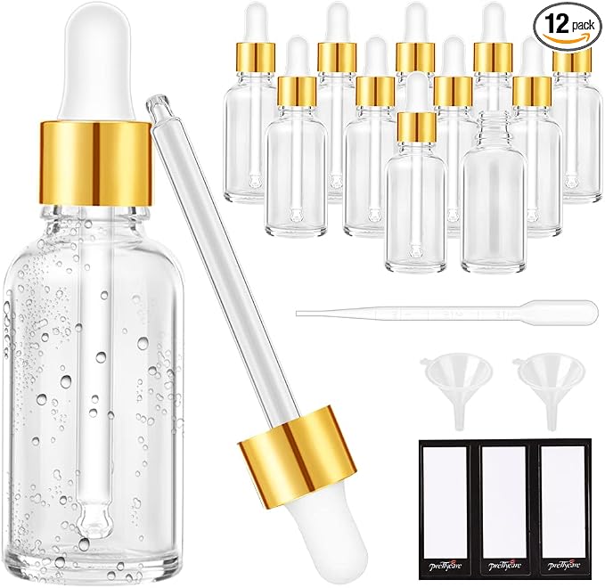 PrettyCare Glass Eye Dropper Bottles 2oz (60ml), 12 Pcs Clear Empty Thick Bottles Bulk with Leakproof Golden Caps - With Labels & Funnels for for Storage, Travel,Essential Oils, DIY Serums, Tincture