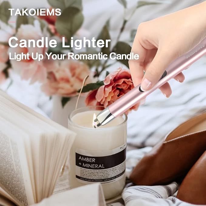 Candle Lighter Electric Updated with LED Battery Display Safety Switch, USB Rechargeable Lighter Flameless Windproof Arc Long Lighters for Candle Grill Fireworks Pink