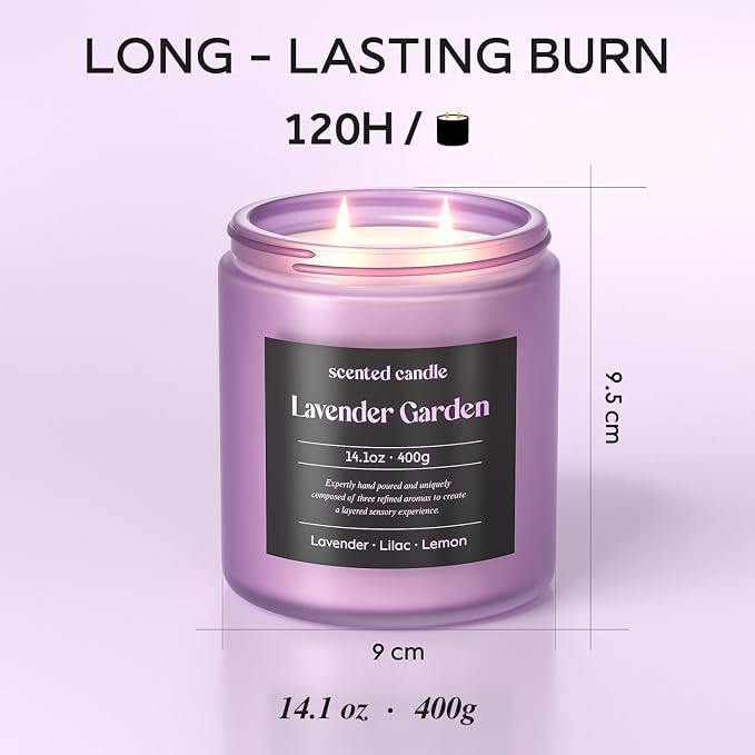 CHILLFLAME Lavender Candle, 14.1 oz Scented Candles for Home, 2 Wicks Blended Scents Aromatherapy Candles for Women and Men, Birthday Gifts for Women (Lavender+Lilac+Lemon)