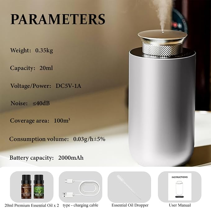 2026 Upgraded Rechargeable Waterless Car Scent Diffuser Kit, Includes 2 Premium Oils, Auto On/Off, 4 Mist Levels & Timers, Portable Aromatherapy Diffuser for Hotel,Home,Room,Studio,Office - Silver