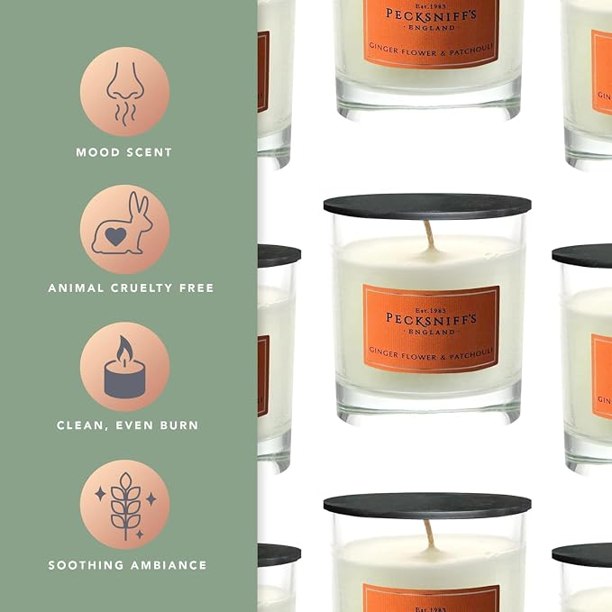 Pecksniff's Classic Gingerflower & Patchouli Scented Candle - Single Wick in Elegant Glass Vessel, 184g/6.49oz