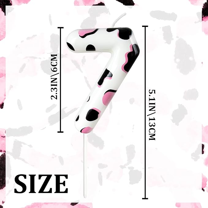 Number 7 Birthday Candle for Cake – Cow Print Design in White Black Pink – Farm Theme & Cowgirl Party Cake Topper Decoration