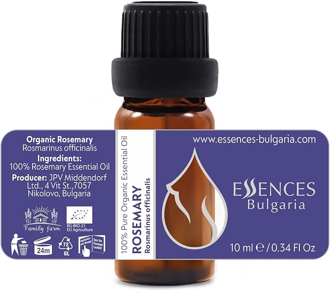 Essences Bulgaria Organic Rosemary Essential Oil 1/3 Fl Oz | 10ml | Rosmarinus officinalis | 100% Pure and Natural | Undiluted | Therapeutic Grade | Family Owned Farm | Steam-Distilled | Non-GMO