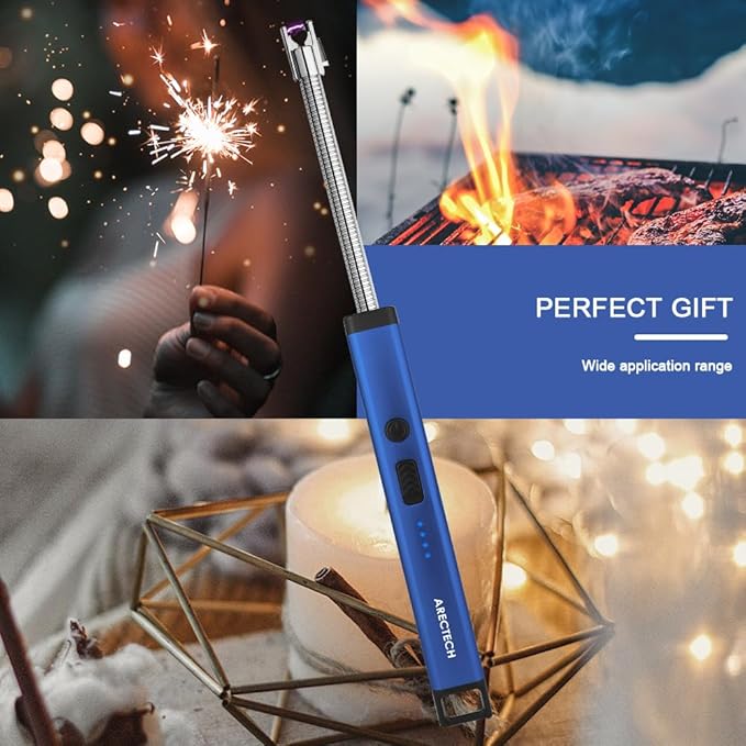 ARECTECH Candle Electric Lighter Rechargeable USB Arc Lighter for Candle Camping Fireworks Christmas Birthday Gifts with LED Light for Men Women Blue