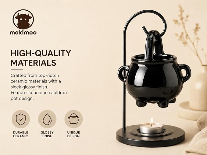 Hanging Pagan Cauldron Oil Burner, Black Wax Warmer Aroma Diffuser, with Handle, for Essential Fragrance Wax Melts, Enchanting Witches' Home Decor Element.