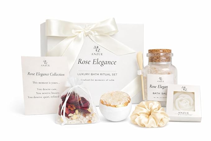 Luxury Rose Spa Gift Set for Women, Home Spa Kit with Candle, Bath Salt and Body Scrub, Self Care Kit is Elegant Gift for Mom, Wife or Girlfriend