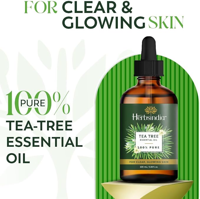 HerbsIndia Tea Tree Essential Oil for Skin - Huge 3.3 Fl Oz - 100% Pure - Premium Grade with Glass Dropper, Undiluted, Non-GMO