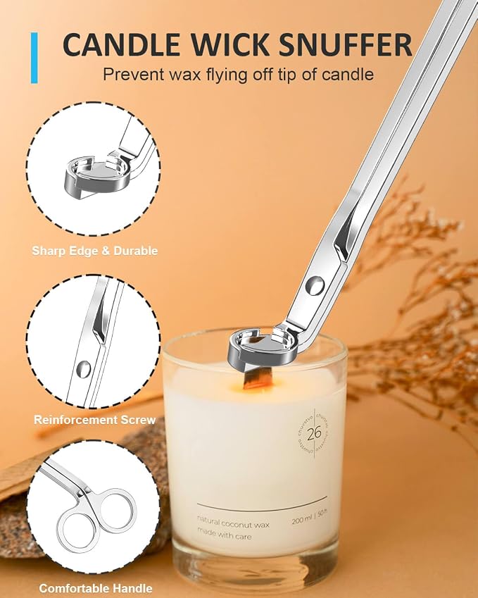 5 in 1 Candle Care Kit, Elegant Candle Wick Trimmer Set, Candle Lighter Set, Candle Snuffer, Candle Tray, Candle Wick Dipper, Candle Accessories Set for Candle Lover (Silver)