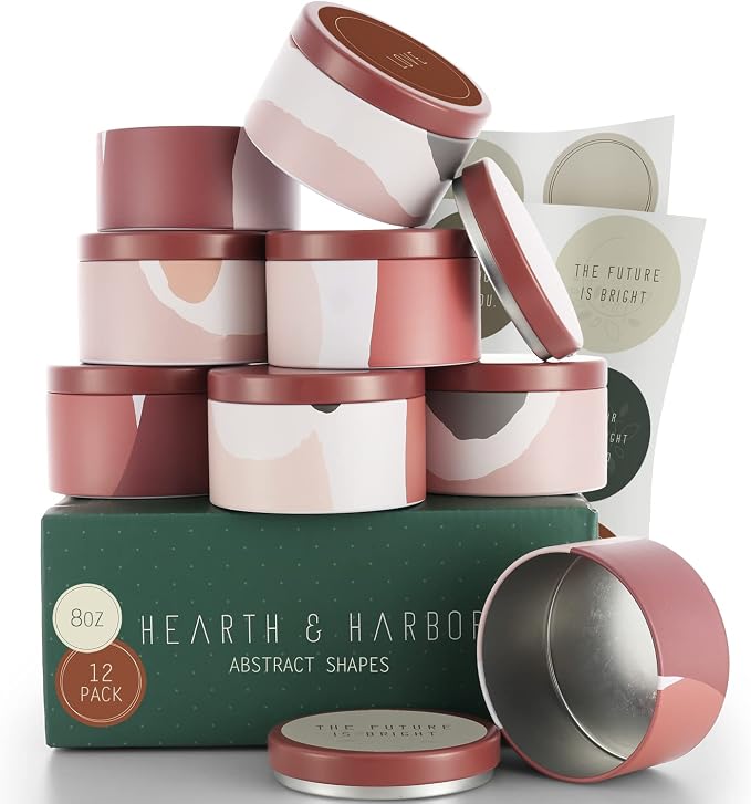 Hearth & Harbor Tin Candle Jars for Making Candles - DIY Candle Containers with Lids - Metal Candle Jars - Bulk Tins Storage for Candle - (12 Pieces) - (8 Ounces) - Abstract Shapes