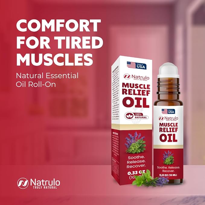 Muscle Relief Oil Roll-On – Cooling Essential Oil Roll On for Tired Joints, Muscles, Neck, Back, Shoulders & Feet – Peppermint, Lavender & Marjoram Massage Oil – Post Workout Muscle Rub – Made in USA