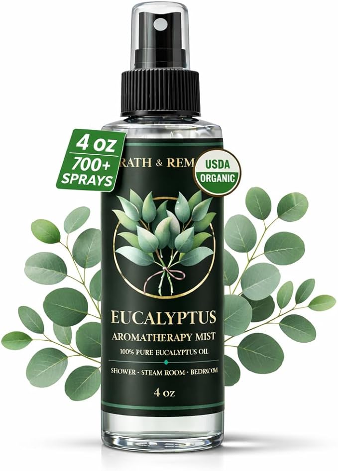 Eucalyptus Shower Spray Aromatherapy — 700+ Sprays, USDA Organic 100% Pure Eucalyptus Essential Oil Spray Mist for Spa Shower, Steam, Sauna & Linen Bedsheet – Premium & Travel Size (4 oz, Made in USA)