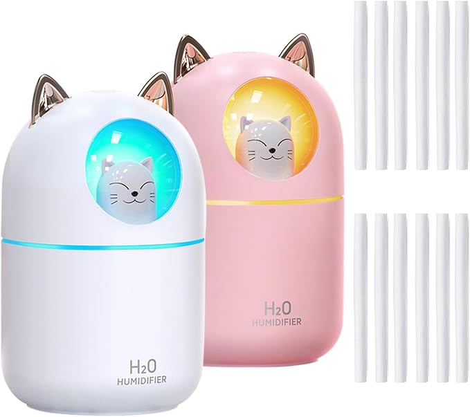Small Humidifier 2PCS Cute Portable Cool Mist Humidifier with 12 Filter Sticks 7 Color Night Light USB Air Humidifiers for Bedroom Office Desk,Car,Travel (Pink+White+12 Filter Sticks)