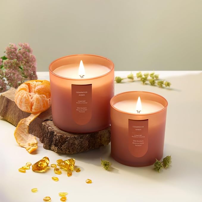 CUE Scented Candle |MoodBoost Essential Oils |OpenWick Clean Burning Candle | Soy Coconut Wax Blend | Candle for Home | Gift |Extended Burn Time (8.5oz, Cedarwood Amber)