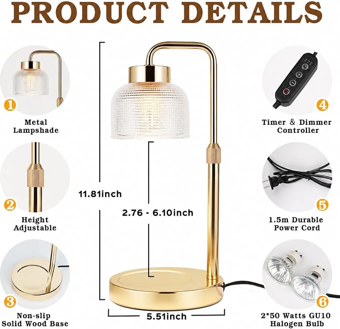 Funistree Candle Warmer Lamp with Timer Dimmer, Adjustable Height Birthday Gifts for Women Mom, Modern Vintage Gold Candle Warmer, Vintage Home Decor for Scented Jar with 2 Bulbs