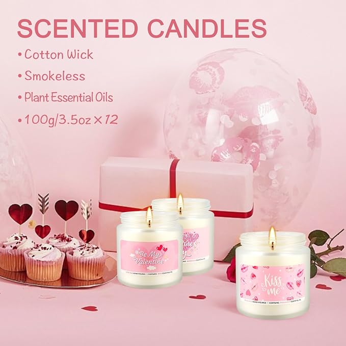 Valentine's Day Pink Scented Candles-12Pcs 3.5oz Each-Natural Plant Essential Oils & Cotton Wick, Aromatherapy Candle for Relaxing Stress Relief, Home Decor & Romantic Gifts for Her.