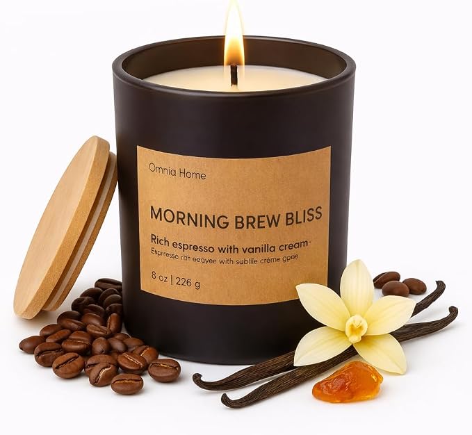Scented Soy Wax Candle – Coffee Candles for Home Scented with Notes of Espresso, Vanilla Cream & Warm Amber – Cozy Home Decor & Gift (Morning Brew Bliss, Black, 8 oz)