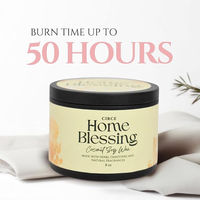 Circe Spell Candle “Home Blessing” Coconut Soy Wax Candle Jar – Premium Hand Poured & Long Burning – Herbs, Crystals & Natural Fragrance Oils- Peaceful, Cleansed & Loving Space - Self Care, Gift- 8oz