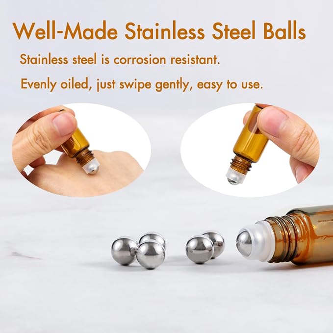 3ml Roller Bottles 24Pack Amber Thick Glass Essential Oil Bottles with Stainless Steel Roller Ball and 2 Droppers
