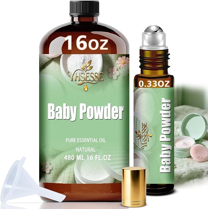 Baby Powder Fragrance Oil, Baby Powder Oil 16 Fl Oz 480ml for Diffuser Yoga Soap & Candle Making – with 0.33 Oz Roller Ball & Funnel YHSESSE Essential Oils