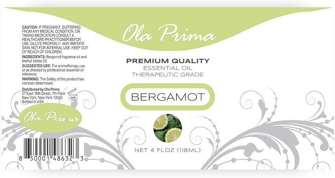 Ola Prima Bergamot Essential Oil - Therapeutic Grade for Aromatherapy, Diffuser, Skin, Hair, Massage, Stress, Dropper - 4 fl oz - Bergamot Oil