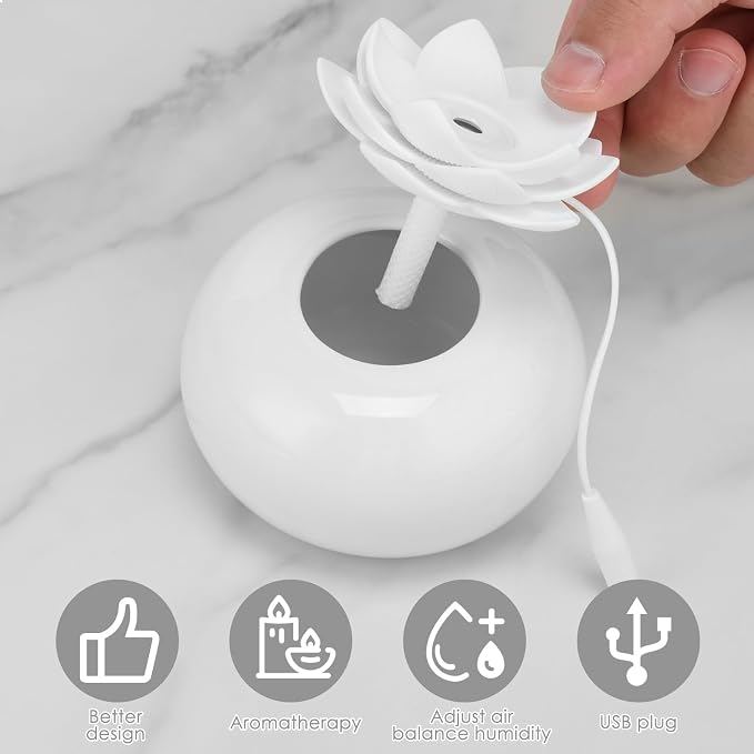 6.8 oz Water Lily Top Aromatherapy Diffusers, Decorative Essential Oil Diffusers, USB Ceramic Diffuser Humidifier, Cute Lotus Decorative Auto Shut Off, for Home Bedroom Office(White,1PCS)