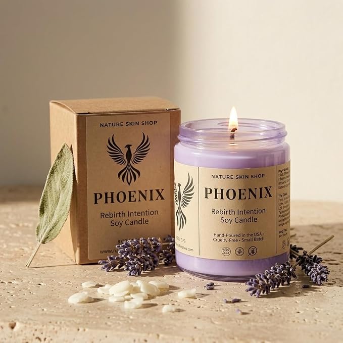 Nature Skin Shop Phoenix Rebirth Artisan Soy Candle Smoked Oud and Amber Aromatherapy Home Fragrance Vegan Cotton Wick 8.5 oz