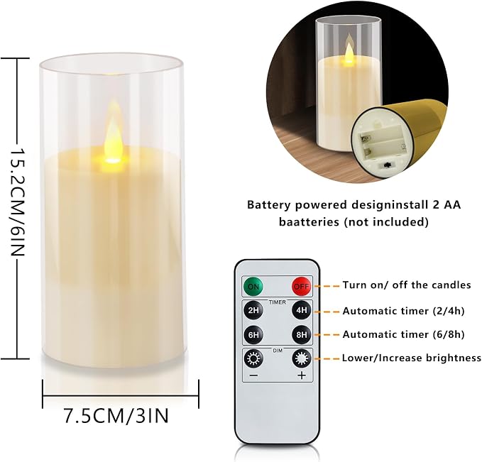 wemarry Flameless Candles Acrylic Glass Pillars 3" D x 6" H Battery Operated Flickering Candles Include 8-Key Remote with Timer Function 400+ Hours (Pure White, Warm Light 2 Pack)