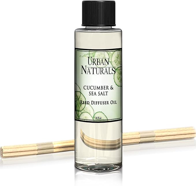 Urban Naturals Cucumber Sea Salt Reed Diffuser Oil Refill Kit | Fresh, Crisp Cucumber, Agave Leaves & Sea Salt | Essential Oil Room Scent + Replacement Reed Sticks | Made in the USA