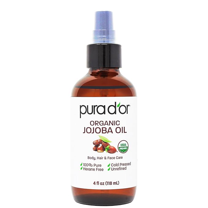 PURA D'OR Organic Jojoba Oil - USDA Certified - 100% Pure & Natural Moisturizer - Cold Pressed, Unrefined, Hexane Free, Skin Care, Hair, Body, Face & Nails, DYI Carrier Oil 4 Oz - Hair Regrowth Tonic