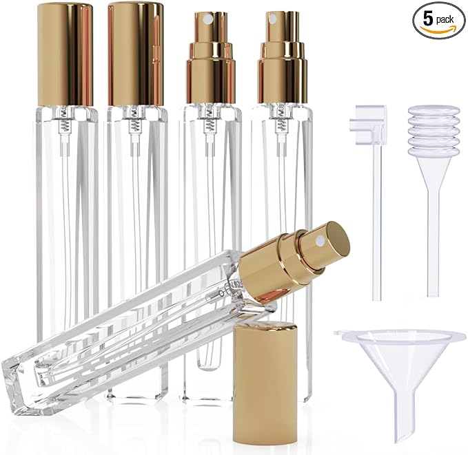 5PCS Cologne Atomizer Empty, 10ML Mini Perfume Bottles Refillable With Dispenser Tools, Pocket Spray Bottle for Travel and Sample Container (Transparent+Golden Cap)