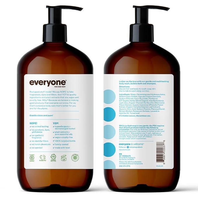 Everyone 3-in-1 Soap,Body Wash,Bubble Bath,Shampoo,32 Ounce,Unscented,made for Men and Women,(Pack of 4)