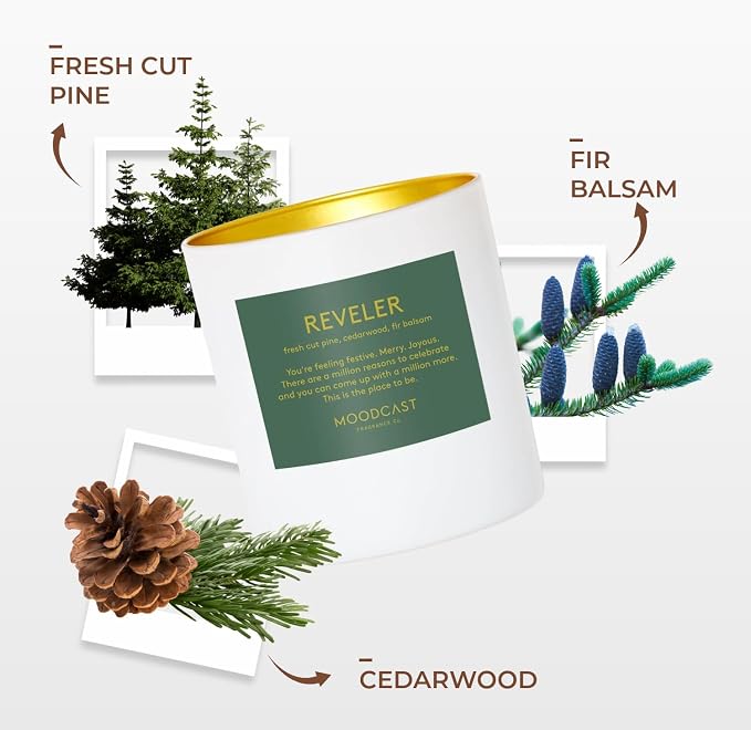 Moodcast Reveler Scented Winter Candle – Aesthetic Holiday Candle for Home, Fresh Pine, Cedarwood & Fir Balsam, Clean Coco Wax Blend, Vegan, Paraben-Free, 45-Hour Burn, Christmas Decor – 8oz