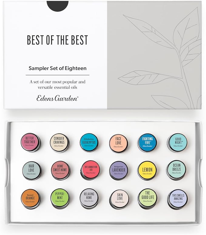 Edens Garden Essential Oils Best of The Best Sampler 18 Set – 100% Pure Therapeutic Grade: Fighting Five, Good Night, Joy, Lavender, Lemon, Peppermint Oil & More - for Aromatherapy, .92 ml/ 18 Pack