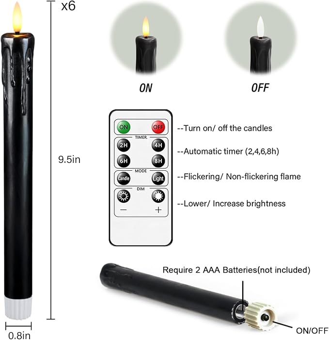 Lezonic Black Flameless Taper Candles Battery Operated with Remote, Long LED Candlesticks Flickering Real Wax Set of 6, 9.5 inch Battery Candles with Realistic 3D Flame for Halloween