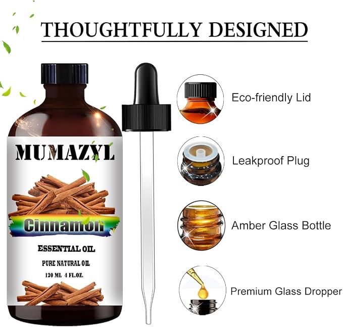 Cinnamon Essential Oil, Cinnamon Oil 4 Fl Oz 120ML for Diffuser Humidifier Yoga Cleaning DIY Candle Soap Making MUMAZYL Essential Oils