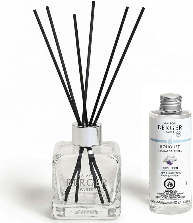 MAISON BERGER Reed Diffuser Bouquet, 100 ml, Fresh Linen | Clear Glass Bottle, 8 Reed Sticks, 100 ml Refill, Up to 6-Week Passive Diffusion, No Flame, Made in France