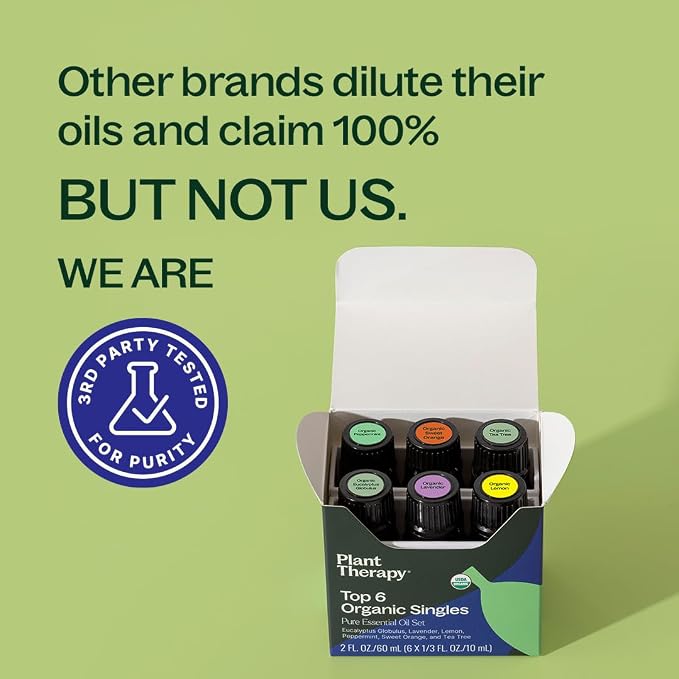 Plant Therapy Top 6 USDA Organic Essential Oil Set - Lavender, Peppermint, Eucalyptus, Lemon, Tea Tree 100% Pure, Natural Aromatherapy, for Diffusion & Topical Use, Therapeutic Grade 10 mL (1/3 oz)