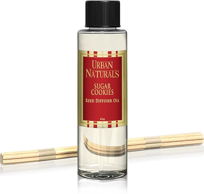 Urban Naturals Sugar Cookies Oil Reed Diffuser Refill with Free Set of Reed Sticks – Freshly-Baked, Buttery Cookie with Ginger Vanilla Frosting | Great Kitchen Scent | Made in the USA Vegan, 4 oz