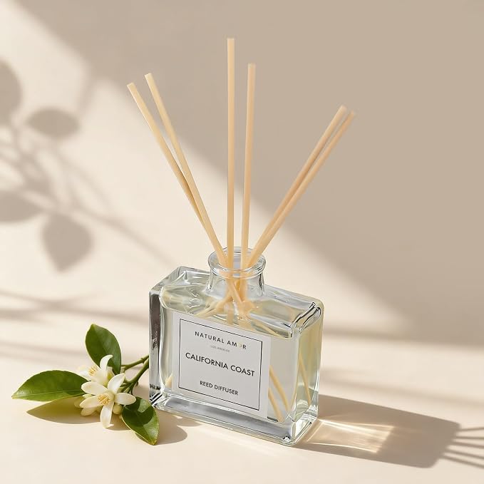 Natural Amor California Coast Reed Diffuser Set, 3.38 fl oz Scented Diffuser with Sticks Home Fragrance Reed Diffuser for Bathroom Shelf Bedroom Living Room