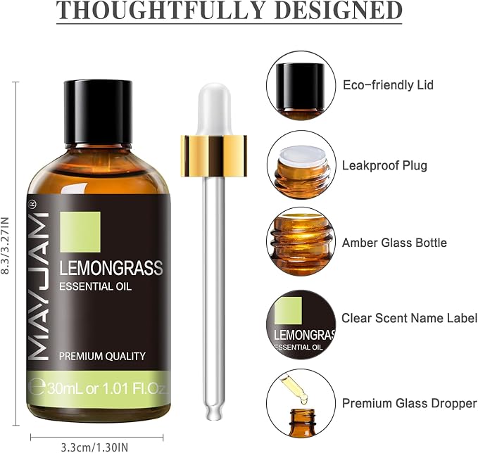 Lemongrass Essential Oil 30ML/1.01FL.OZ, MAYJAM Premium Lemongrass Oil Essential Oils with Glass Dropper, Great for Aromatherapy Diffuser and Candle Soap Making