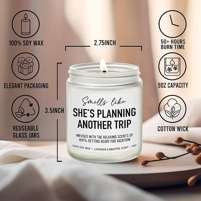 She's Planning Another Trip Candle Travel Gifts for Women, Funny Gifts for Travelers, Funny Birthday Planning Traveling Gift for Travelers Women, Mom, Couple, Friend, Lavender Eucalyptus Candles 9OZ